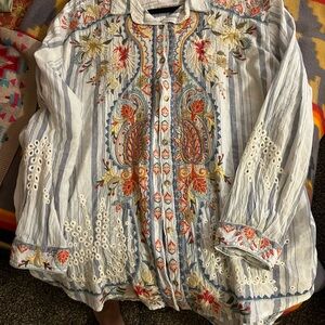 Embroidered Striped Button-Up Shirt